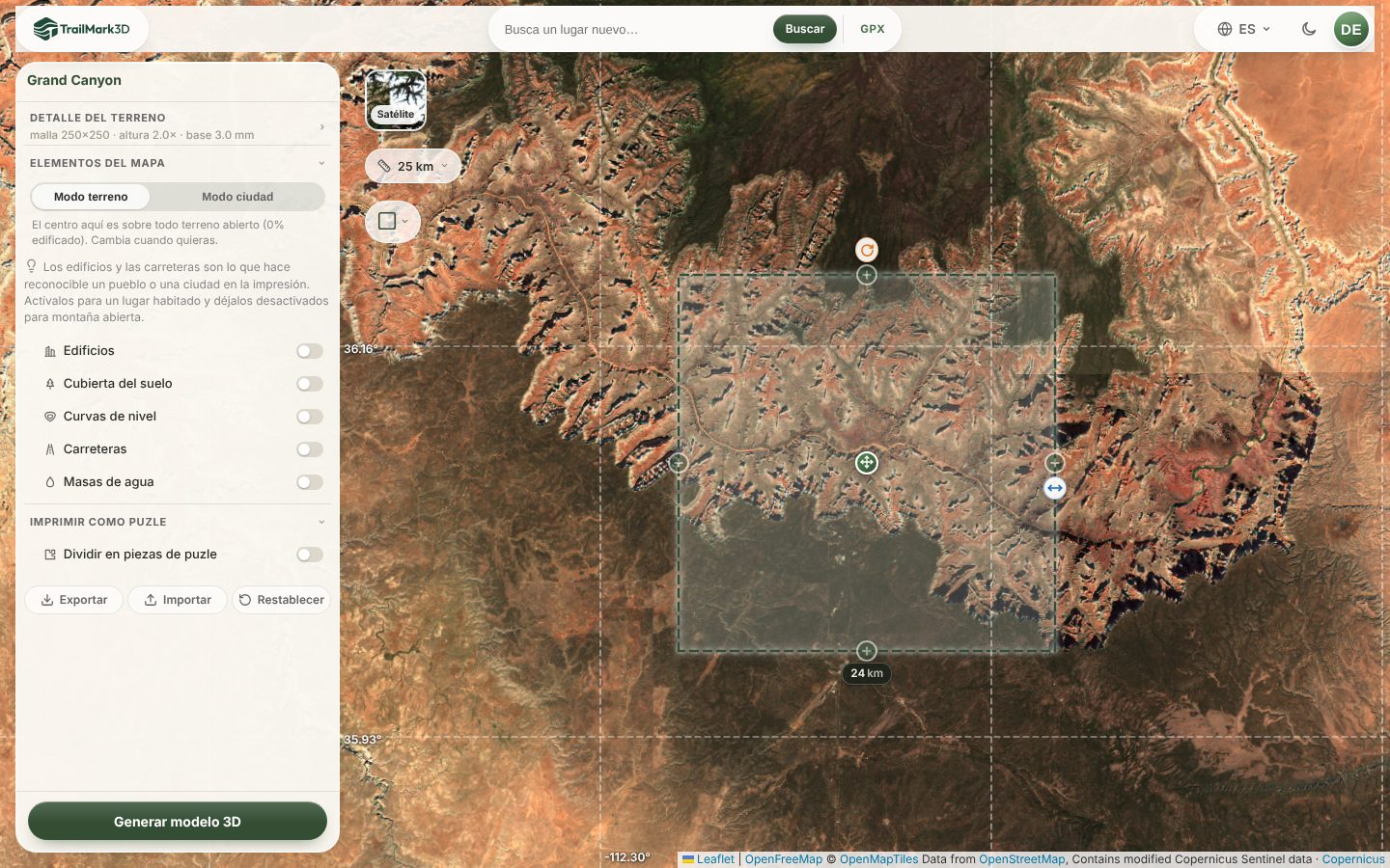 El espacio de trabajo de TrailMark3D con el Gran Cañón en el mapa de satélite dentro de una pieza cuadrada de 24 km, con los tiradores para mover, cambiar el tamaño y girar