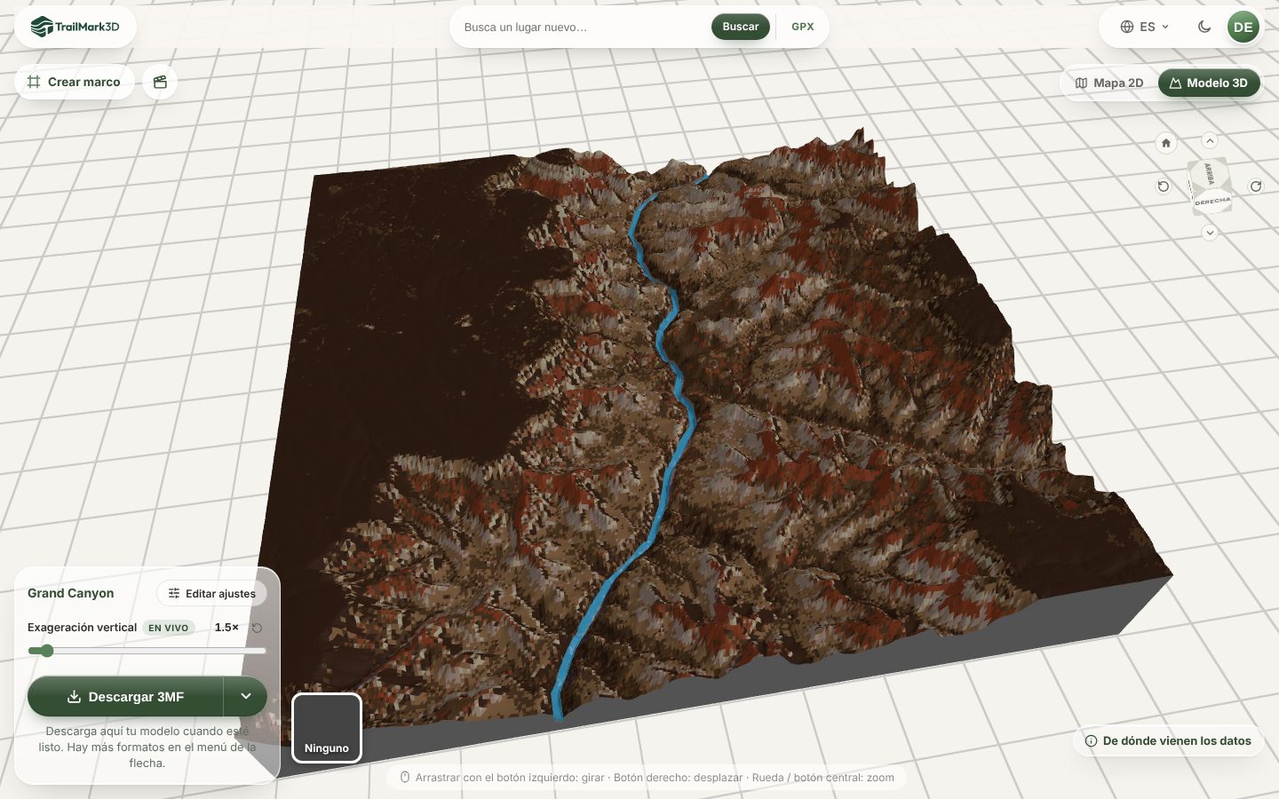 Un mapa impreso en 3D del Gran Cañón generado en TrailMark3D, con colores de satélite y el río Colorado, en el visor 3D