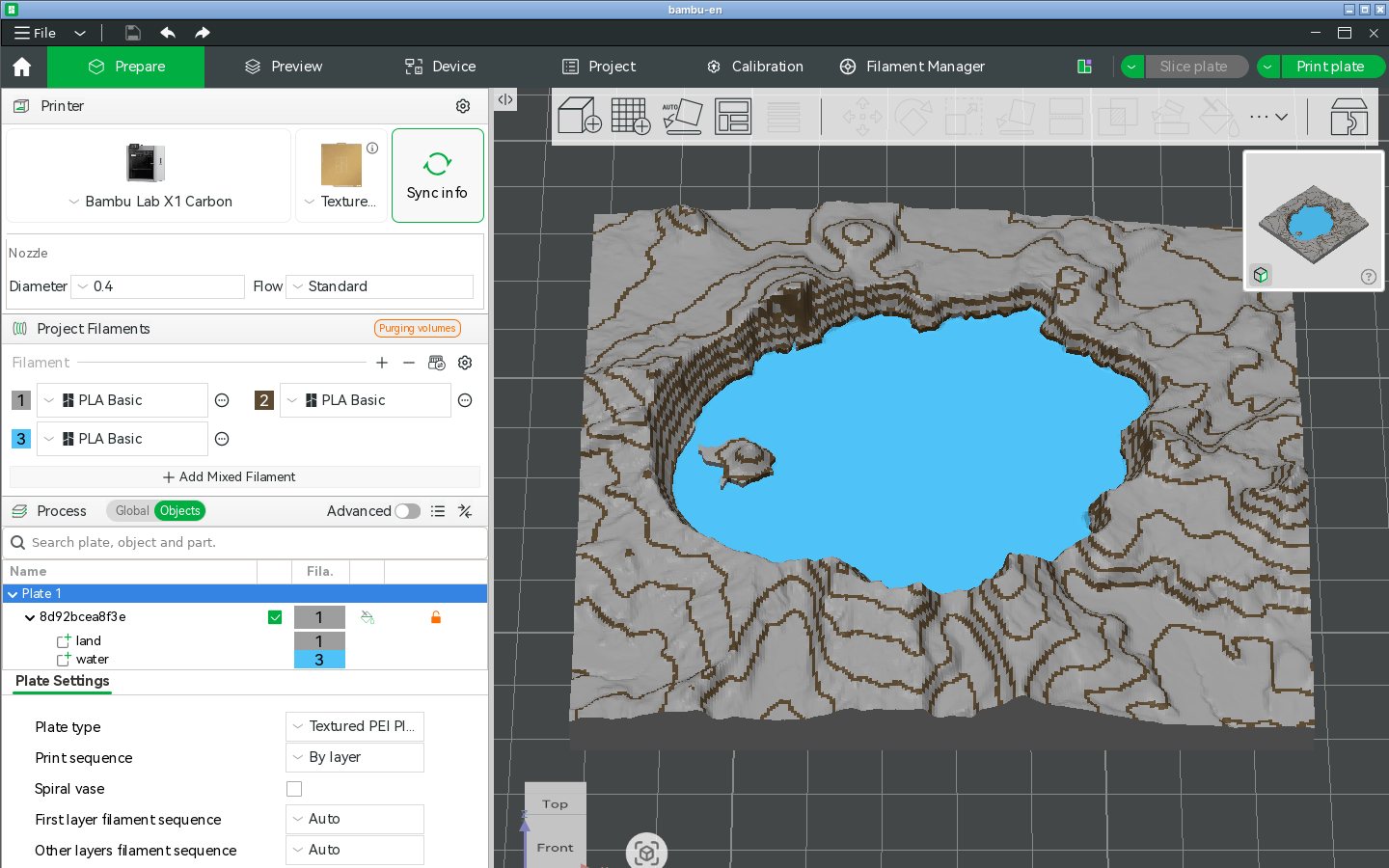 The TrailMark3D 3MF of Crater Lake open in Bambu Studio's Prepare tab, on a Bambu Lab X1 Carbon, with three project filaments and the lake in blue and the contour lines in brown