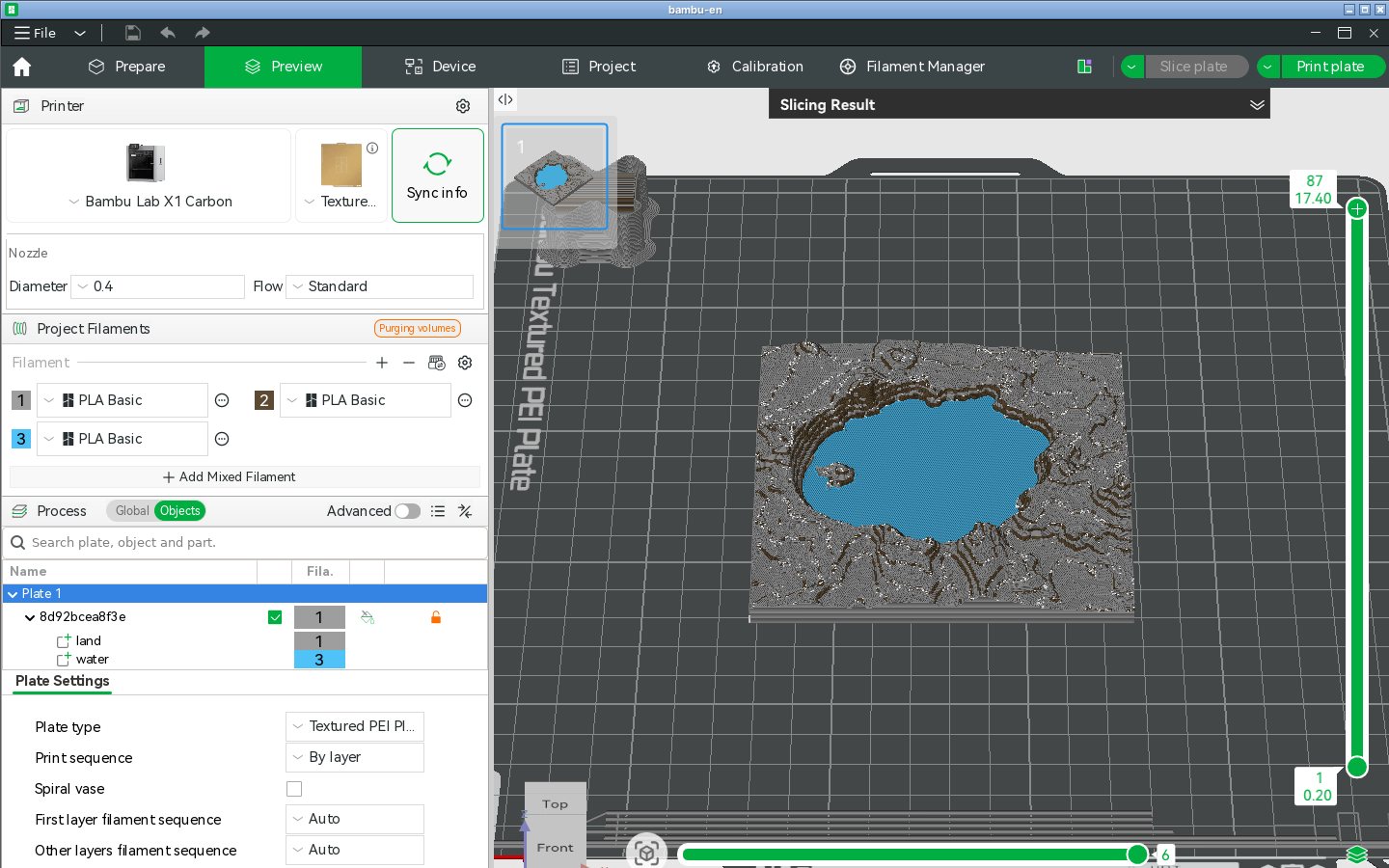 The sliced Crater Lake map in Bambu Studio's Preview tab, with the blue lake, the grey land and the brown contour lines in their print colors
