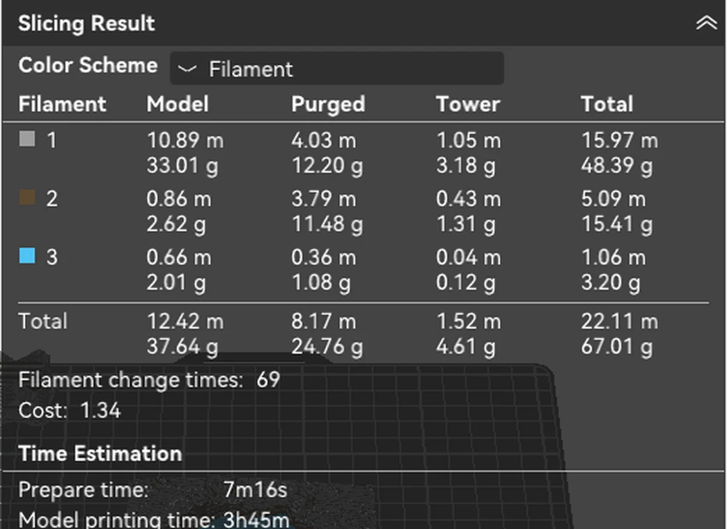 Bambu Studio's Slicing Result for the Crater Lake map: filament used, purged and prime tower for each of the three filaments, and 69 filament changes