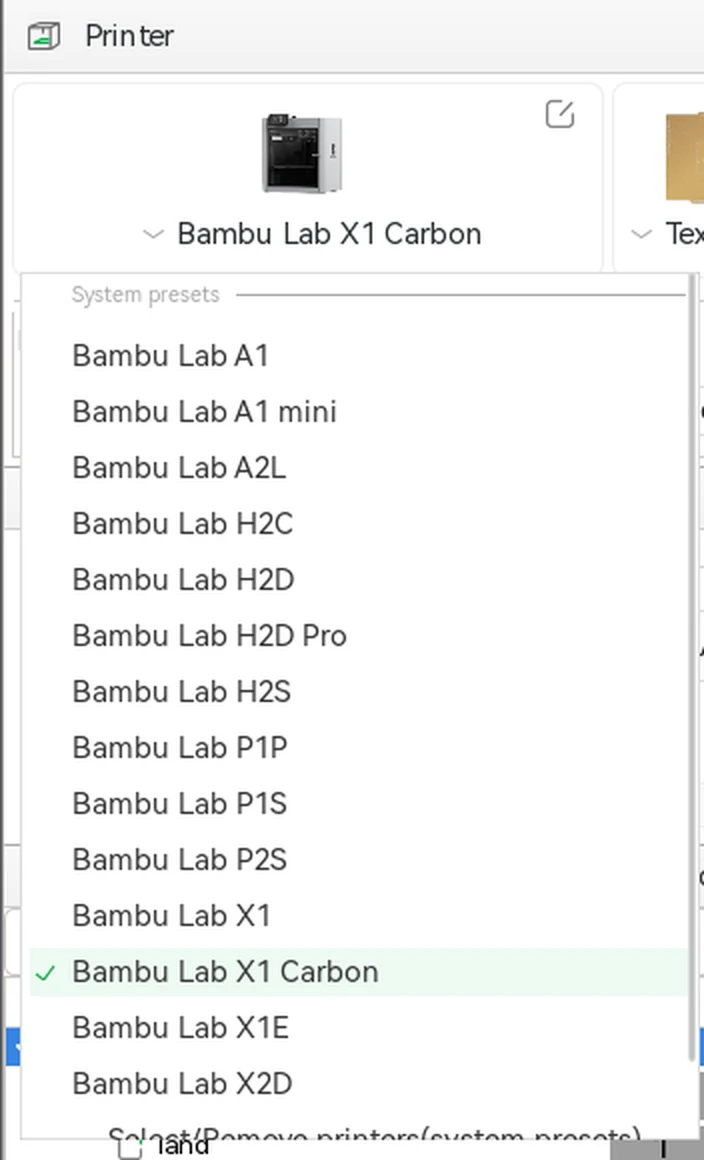 La lista de impresoras de Bambu Studio abierta en Bambu Lab X1 Carbon, con los perfiles A1, A1 mini, H2D, P1S, P2S, X1 y X1E