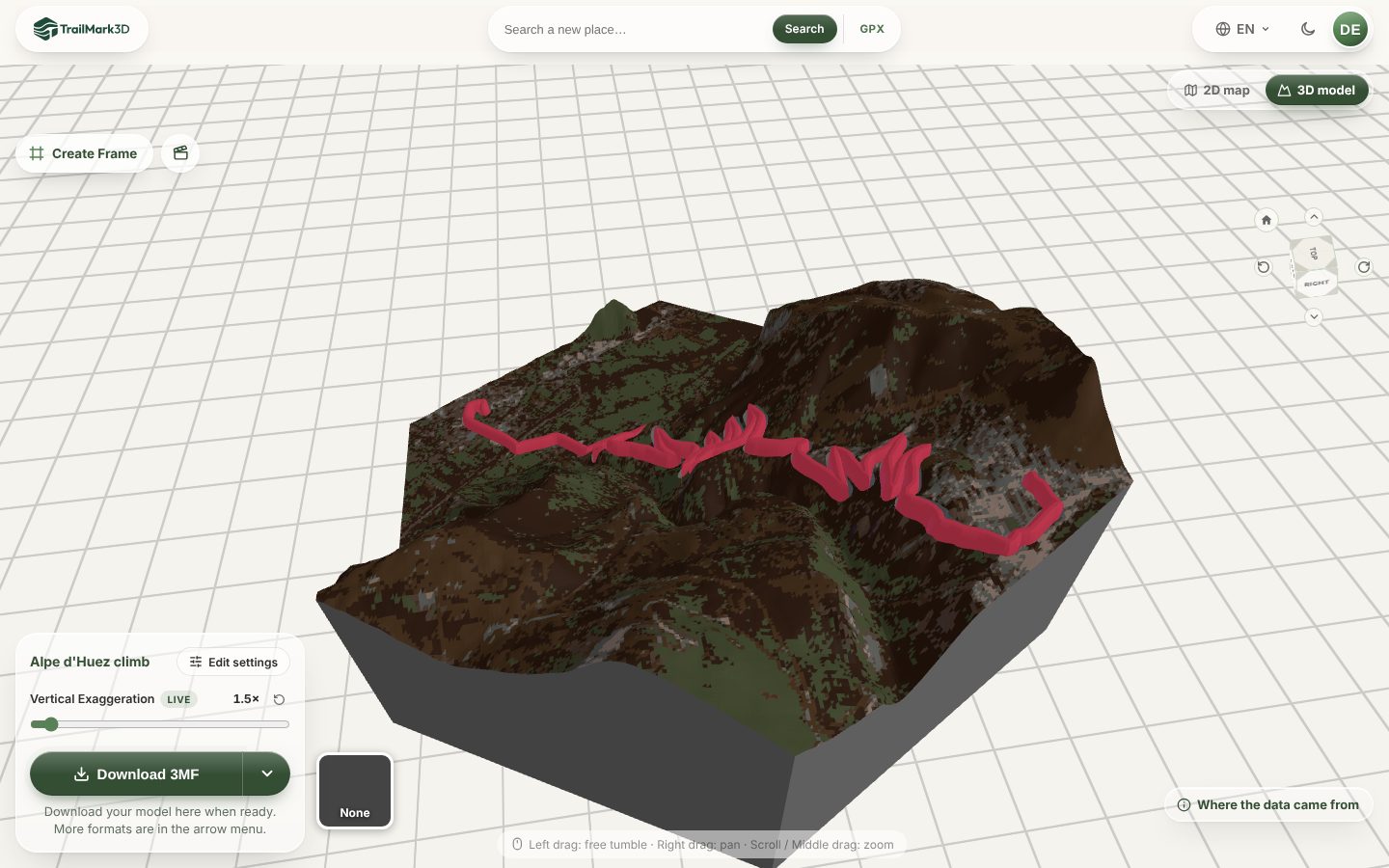 A 3D printed race map of the Alpe d'Huez climb generated in TrailMark3D: the hairpins raised in red on a hexagon terrain tile in satellite colors, in the 3D viewer