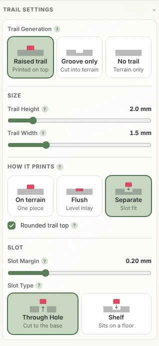 The Trail Settings panel in TrailMark3D: Raised trail selected, Trail Height and Trail Width sliders, and the How it prints options
