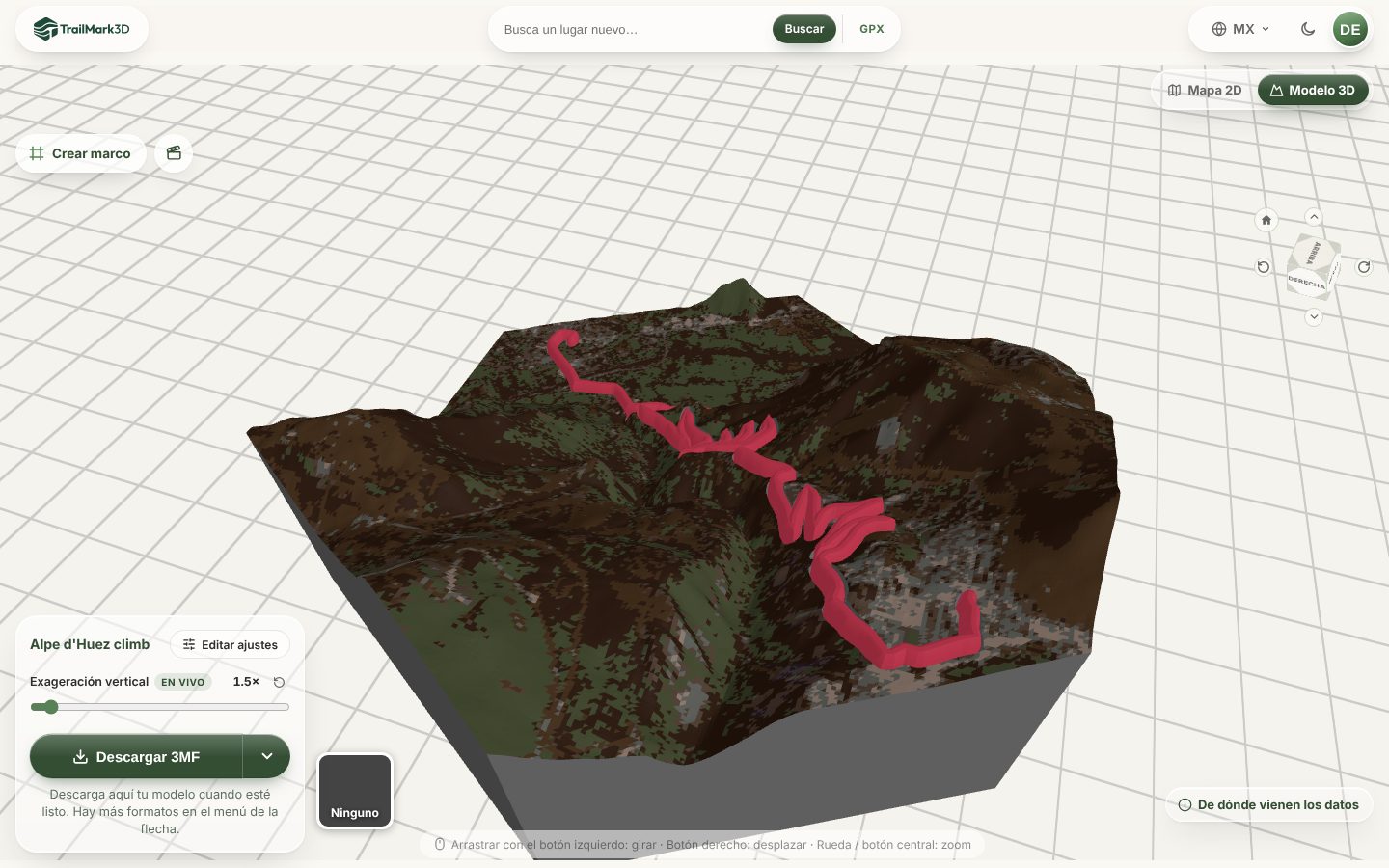 Un mapa de carrera impreso en 3D de la subida a Alpe d'Huez generado en TrailMark3D: las curvas en relieve rojo sobre una pieza de terreno hexagonal con colores de satélite, en el visor 3D