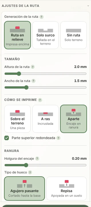 El panel Ajustes de la ruta de TrailMark3D: Ruta en relieve seleccionada, los controles Altura de la ruta y Ancho de la ruta, y las opciones de Cómo se imprime