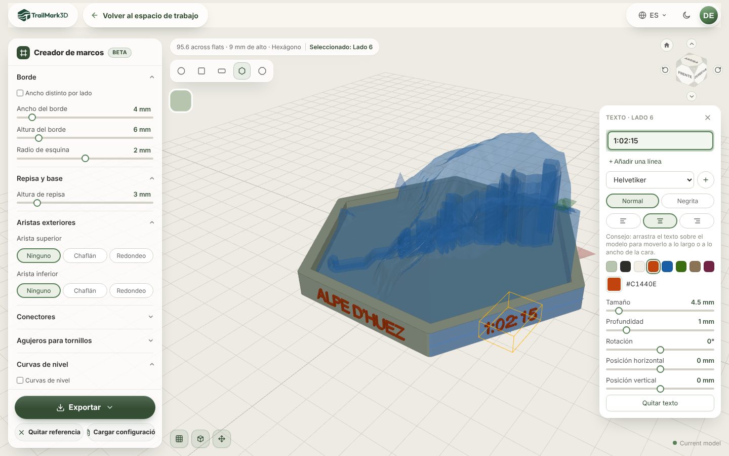 El Creador de marcos de TrailMark3D con un marco hexagonal alrededor del modelo de Alpe d'Huez y el nombre de la carrera y el tiempo en texto rojo en relieve en dos de sus lados