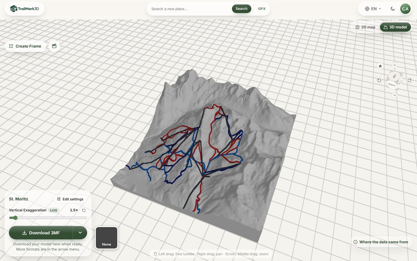 A 3D printed ski resort map of St. Moritz generated in TrailMark3D: white terrain with the ski runs raised in blue, red and navy and the lifts in dark gray, in the 3D viewer