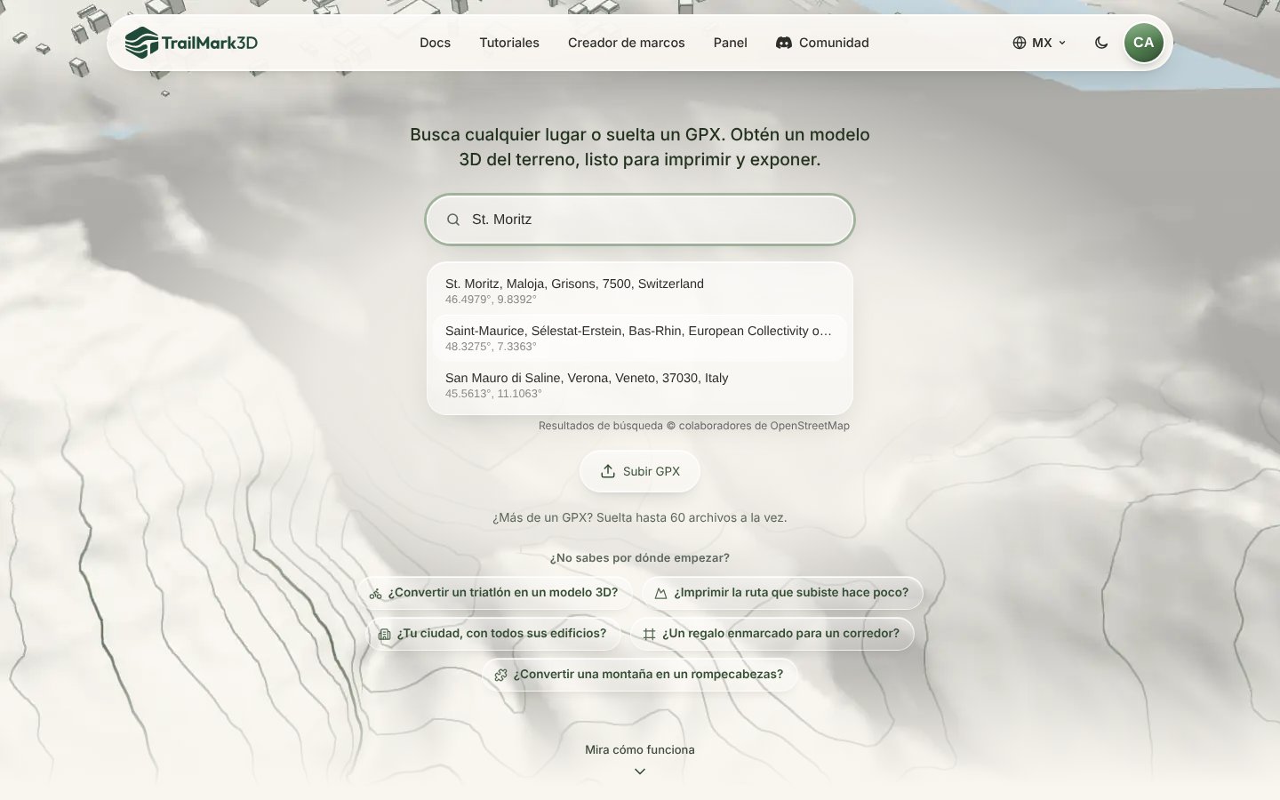 La página de inicio de TrailMark3D con St. Moritz escrito en el buscador de lugares y sugerencias con sus coordenadas