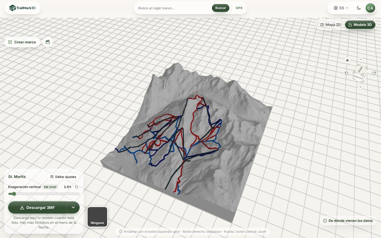 Un mapa de estación de esquí impreso en 3D de St. Moritz generado en TrailMark3D: terreno blanco con las pistas en relieve en azul, rojo y azul marino y los remontes en gris oscuro, en el visor 3D