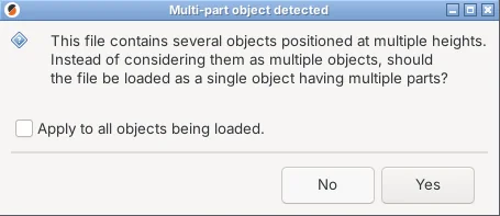 PrusaSlicer's Multi-part object detected dialog asking whether to load the file as a single object having multiple parts