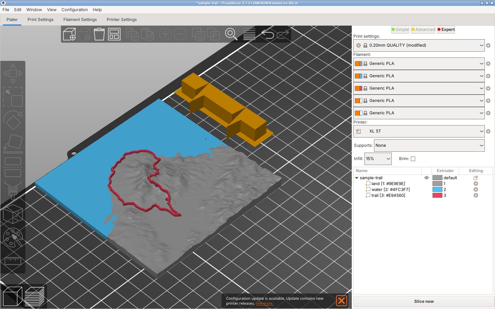 The TrailMark3D 3MF in PrusaSlicer on a five-tool Prusa XL, with land, water and trail listed as parts on extruders 1, 2 and 3
