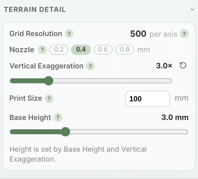 The Terrain Detail section of the TrailMark3D workspace with Grid Resolution, Vertical Exaggeration, Print Size and Base Height