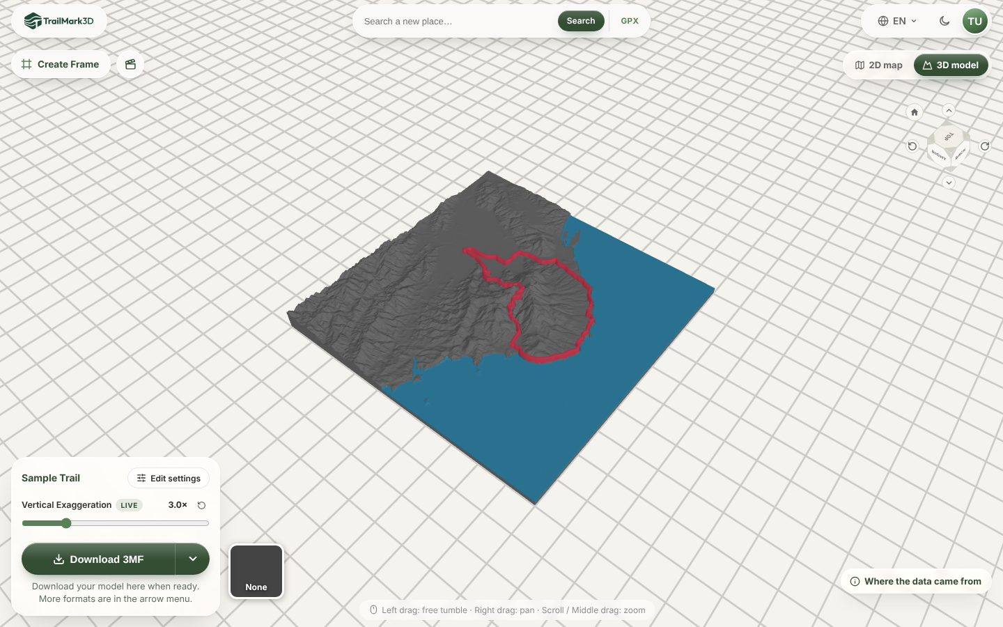A 3D printed terrain map of a hiking trail generated in TrailMark3D, with the red trail over green hills