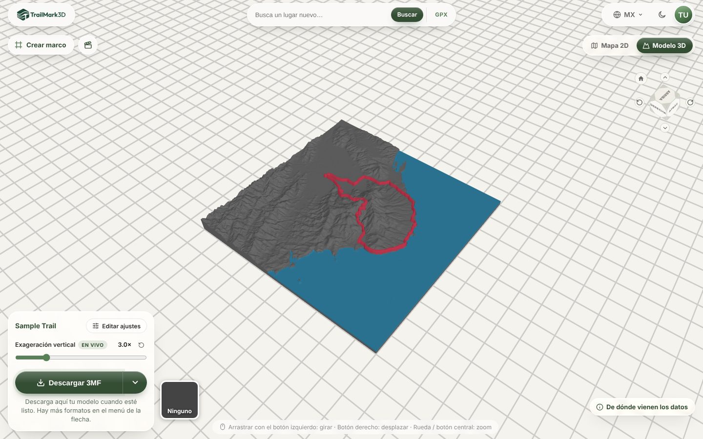 Un mapa topográfico impreso en 3D de una ruta de senderismo generado en TrailMark3D, con la ruta roja sobre las colinas