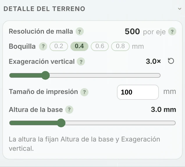 La sección Detalle del terreno del espacio de trabajo de TrailMark3D con Resolución de malla, Exageración vertical, Tamaño de impresión y Altura de la base