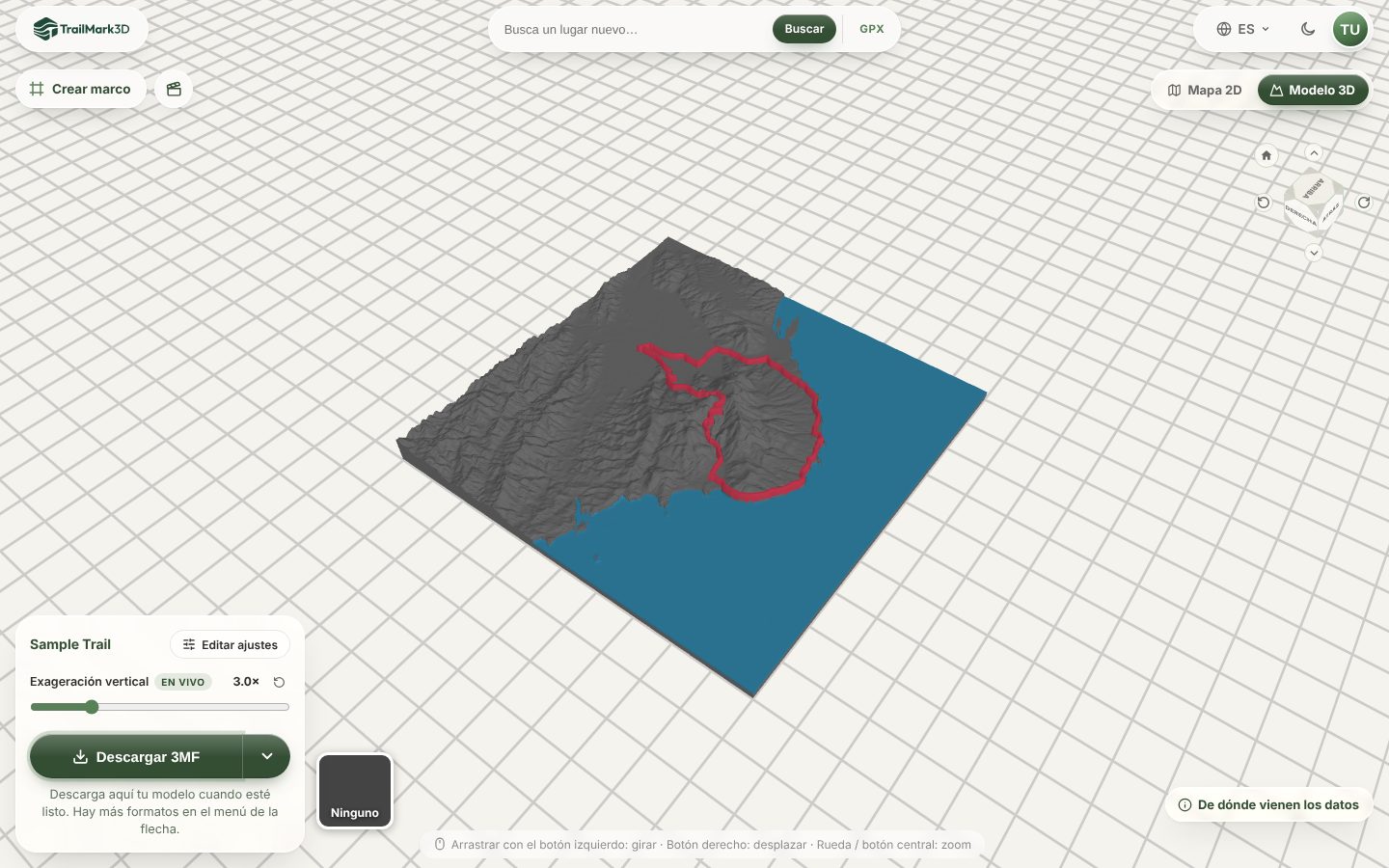 Un mapa topográfico impreso en 3D de una ruta de senderismo generado en TrailMark3D, con la ruta roja sobre las colinas