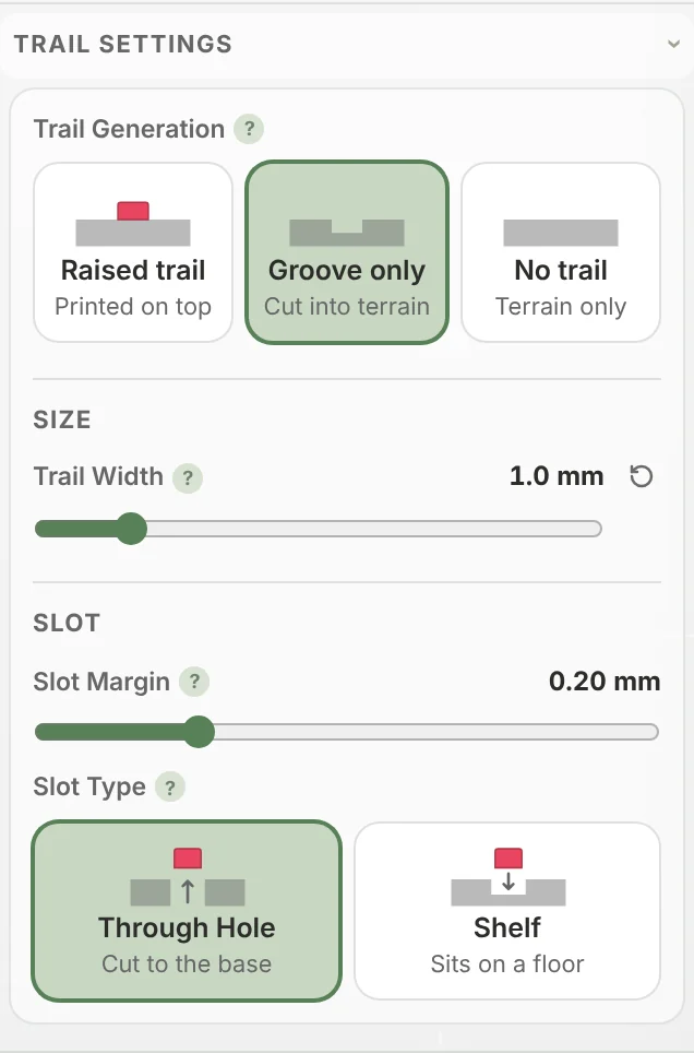 Trail Settings with Groove only selected, showing only Trail Width and the Slot group