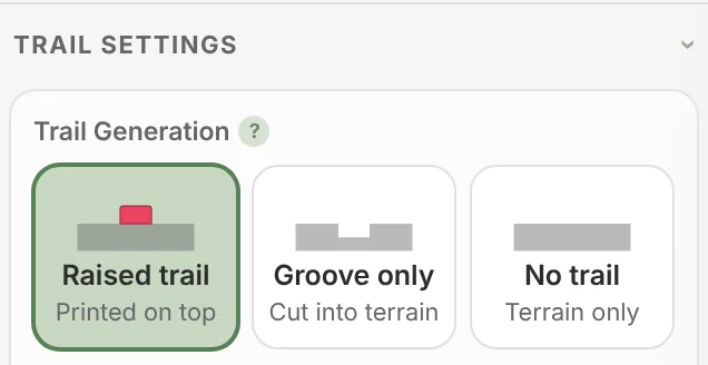 The Trail Generation cards: Raised trail, Groove only and No trail