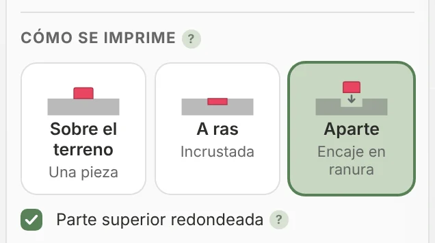 Las tarjetas de Cómo se imprime: Sobre el terreno, A ras y Aparte, con la opción Parte superior redondeada