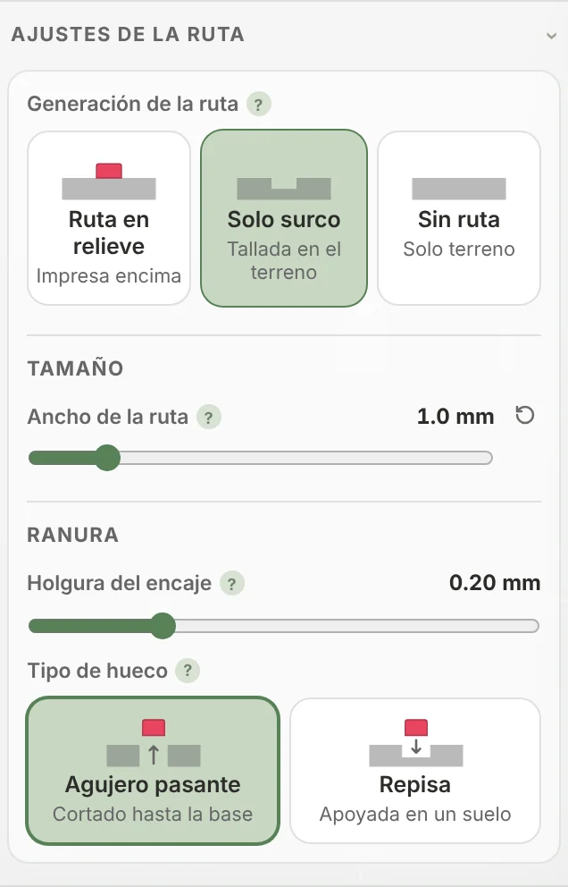 Ajustes de la ruta con Solo surco seleccionado, que muestra solo Ancho de la ruta y el grupo Ranura