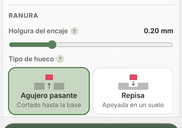El grupo Ranura con el control Holgura del encaje y las tarjetas de Tipo de hueco Agujero pasante y Repisa