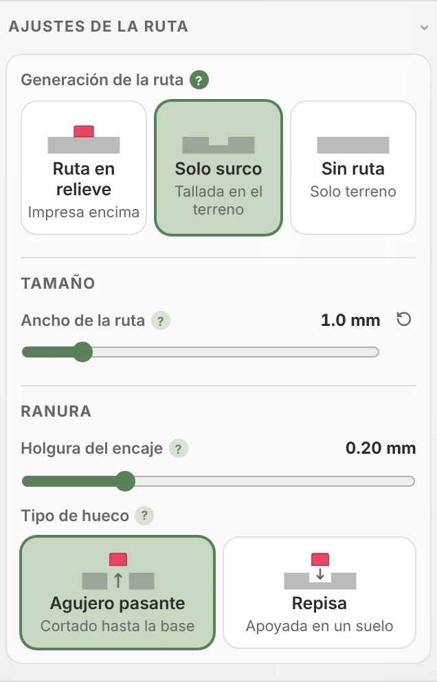 Ajustes de la ruta con Solo surco seleccionado, que muestra solo Ancho de la ruta y el grupo Ranura