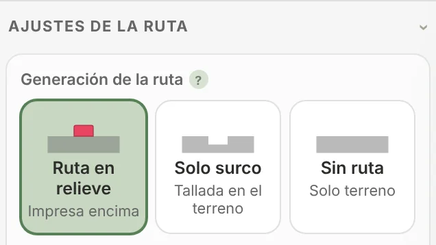 Las tarjetas de Generación de la ruta: Ruta en relieve, Solo surco y Sin ruta
