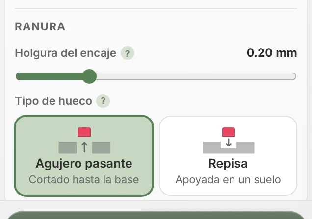 El grupo Ranura con el control Holgura del encaje y las tarjetas de Tipo de hueco Agujero pasante y Repisa
