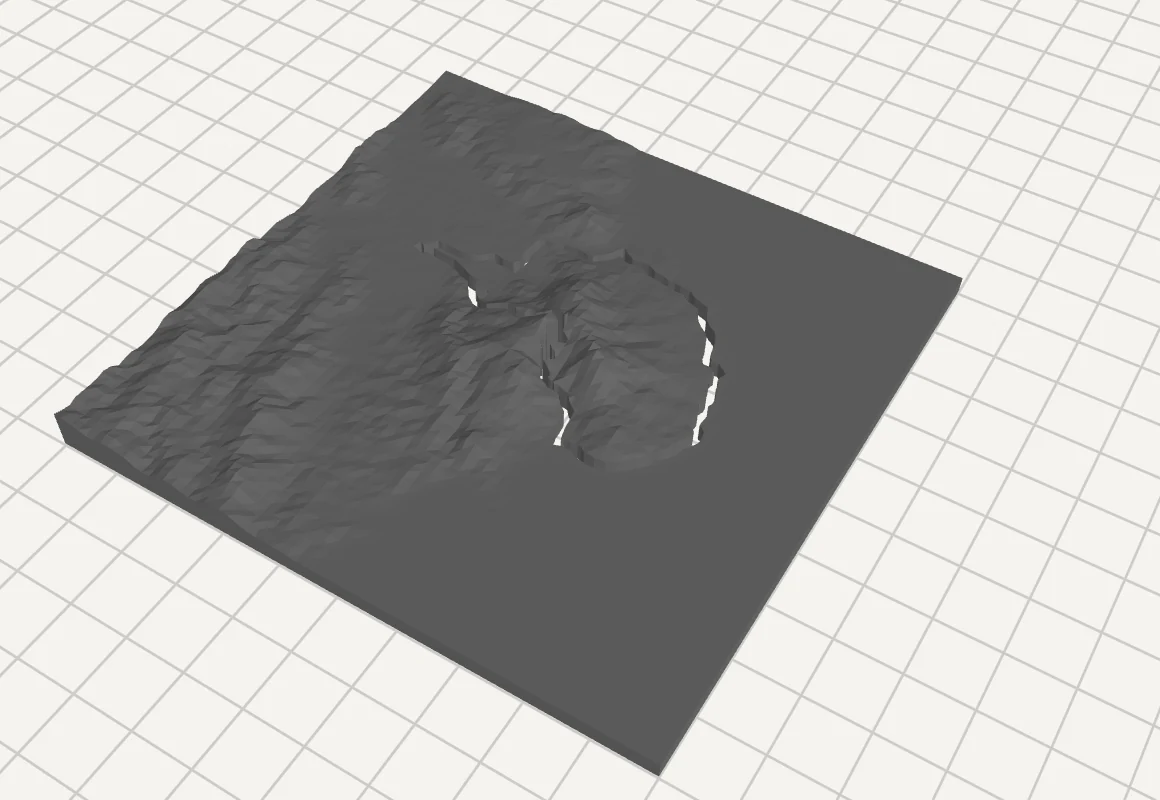 The same terrain model with the route carved in as a groove