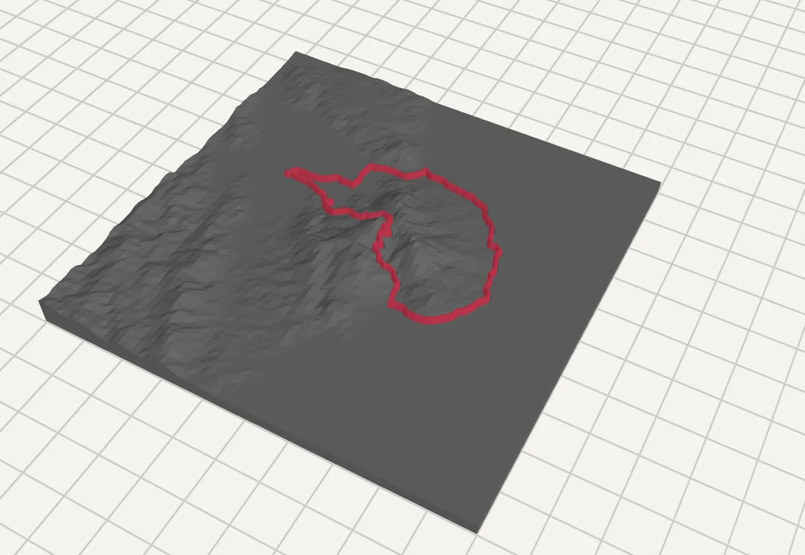 A 3D printed trail map preview in TrailMark3D with a red raised trail on gray terrain