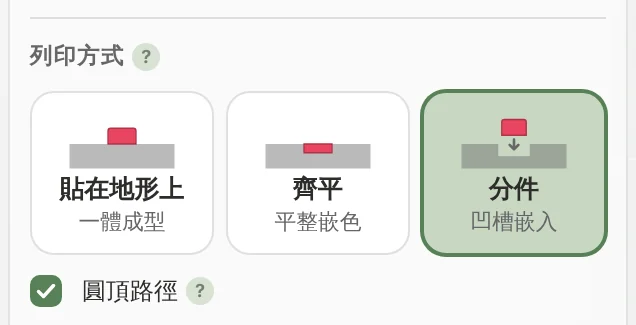 列印方式卡片:貼在地形上、齊平與分件,以及圓頂路徑選項