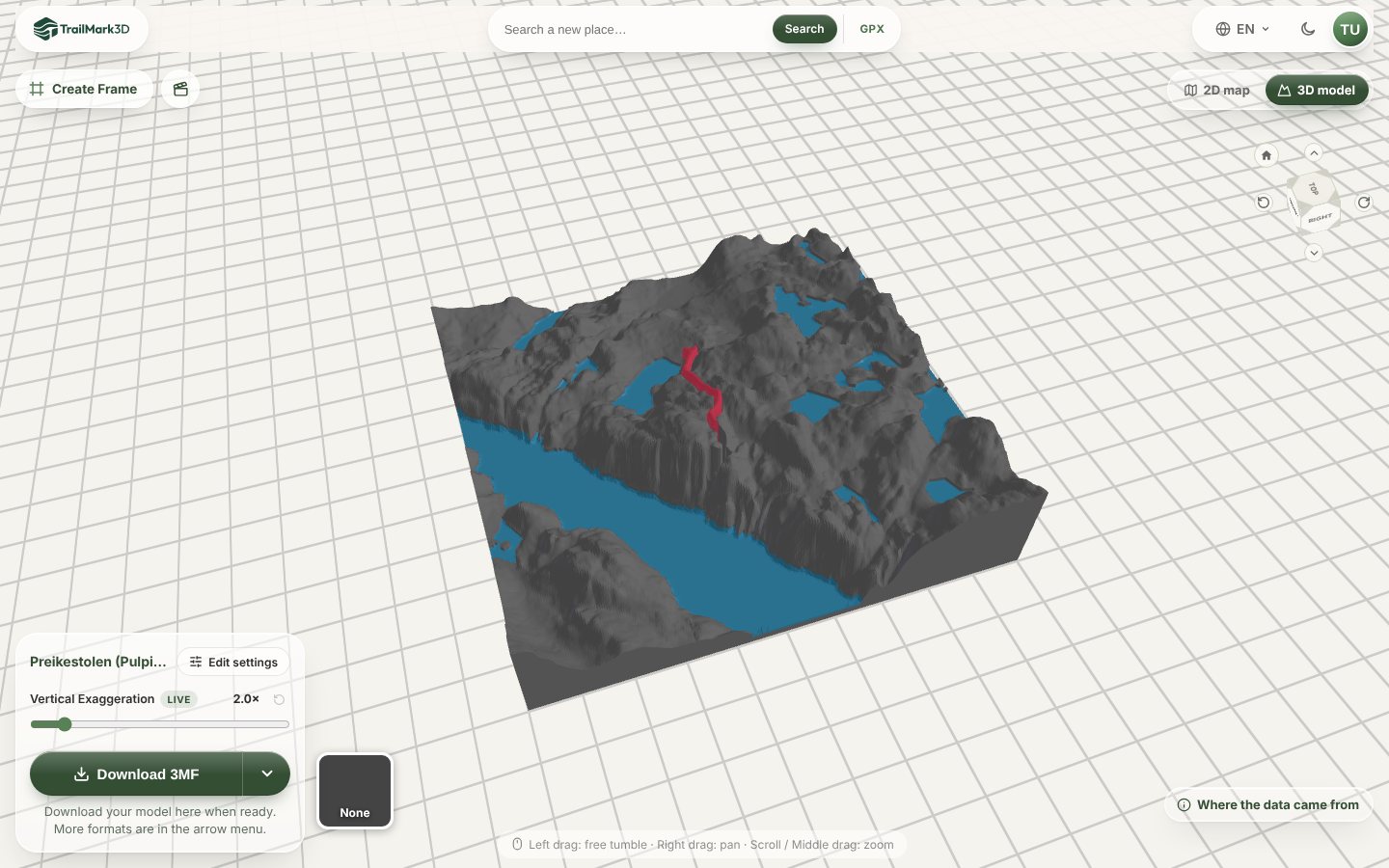 A 3D printed map of the Preikestolen hike in Norway generated in TrailMark3D, with the Lysefjord and the lakes in blue and the trail raised in red, shown in the 3D viewer