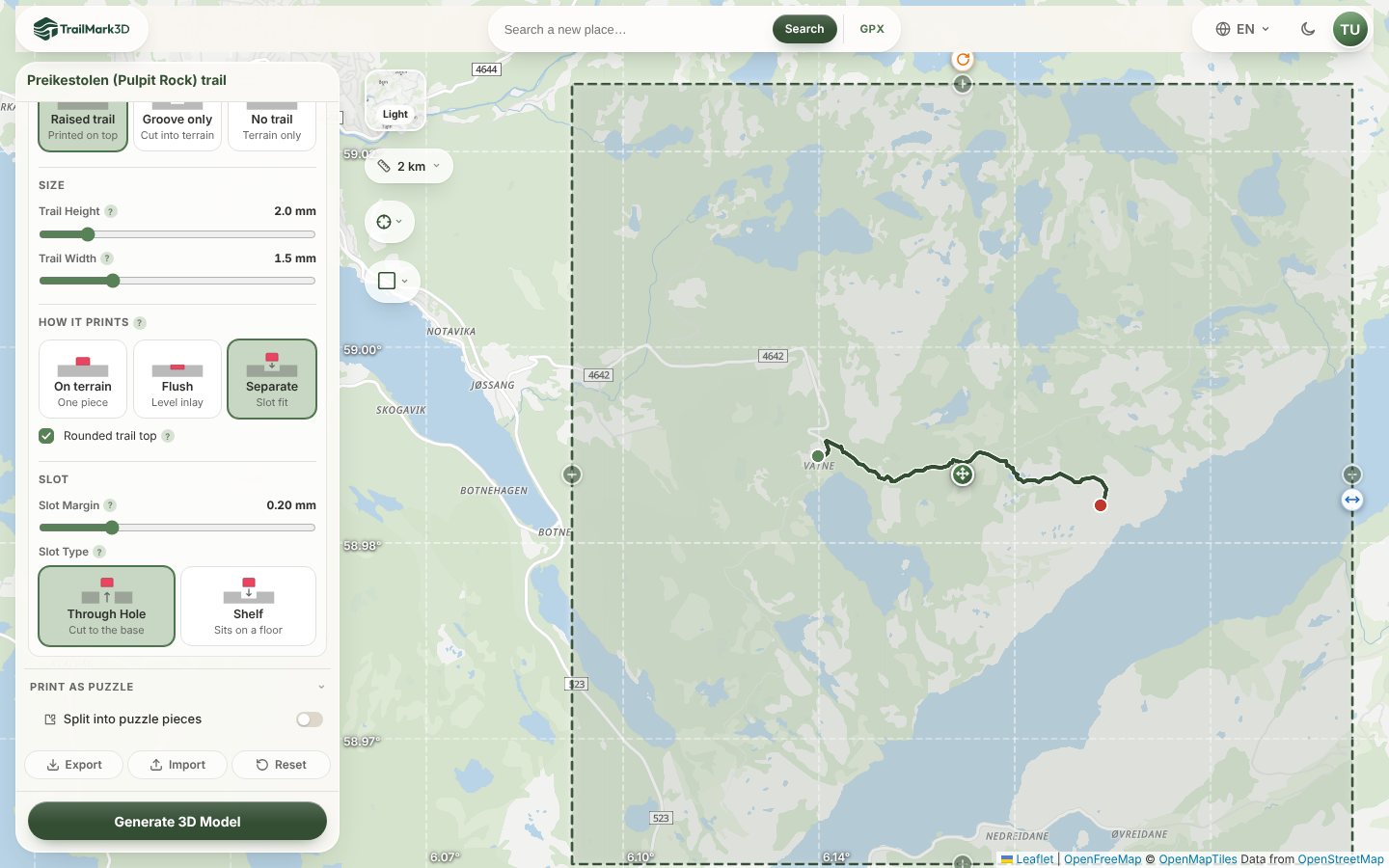 The Trail Settings panel in TrailMark3D for the Preikestolen trail in Norway, with How it prints set to Separate, Rounded trail top, a Slot Margin of 0.20 mm and Slot Type Through Hole