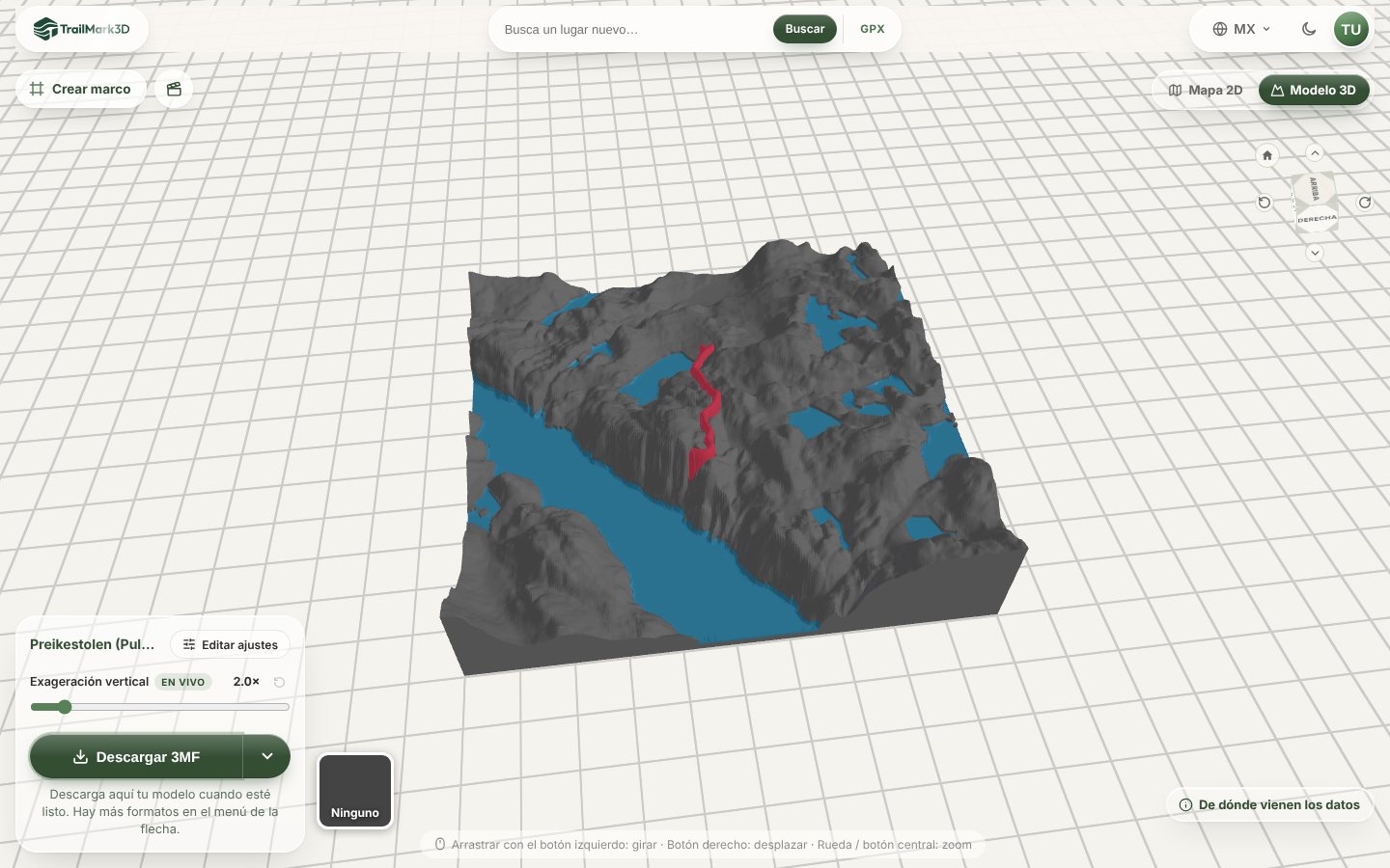 Un mapa impreso en 3D de la subida al Preikestolen en Noruega generado en TrailMark3D, con el Lysefjord y los lagos en azul y la ruta en relieve en rojo, en el visor 3D