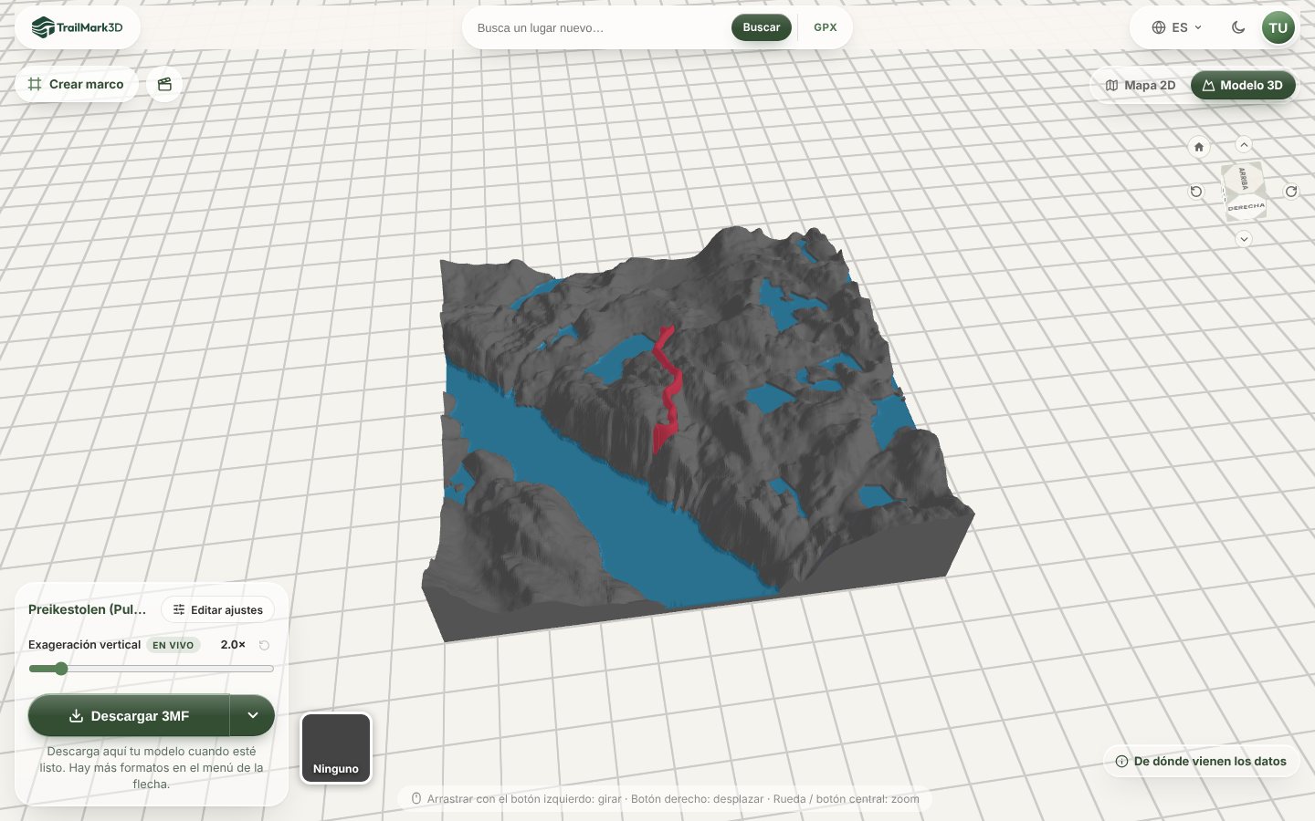Un mapa impreso en 3D de la subida al Preikestolen en Noruega generado en TrailMark3D, con el Lysefjord y los lagos en azul y la ruta en relieve en rojo, en el visor 3D