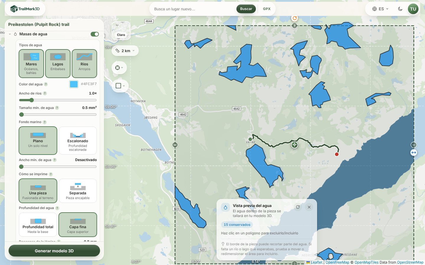 El panel Masas de agua de TrailMark3D para la ruta del Preikestolen, con Mares, Lagos y Ríos activados, Ancho de ríos, Tamaño mín. de agua y Ancho mín. de agua, y el Lysefjord y los lagos alrededor de la ruta en la vista previa del agua en el mapa