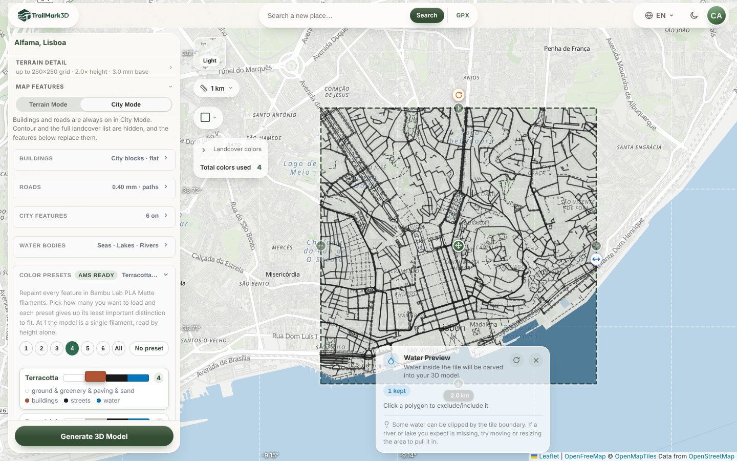 The TrailMark3D workspace with Alfama in Lisbon in a square tile, City Mode on and the Terracotta color preset selected