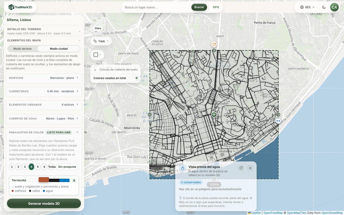 El espacio de trabajo de TrailMark3D con Alfama, en Lisboa, en una pieza cuadrada, el Modo ciudad activado y el preajuste de colores Terracota
