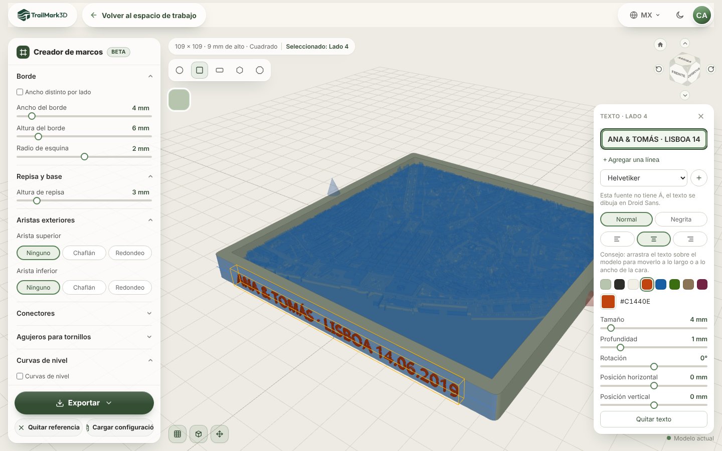El Creador de marcos de TrailMark3D con un marco cuadrado alrededor del mapa de Lisboa y los nombres y la fecha en letras terracota en relieve en su frente