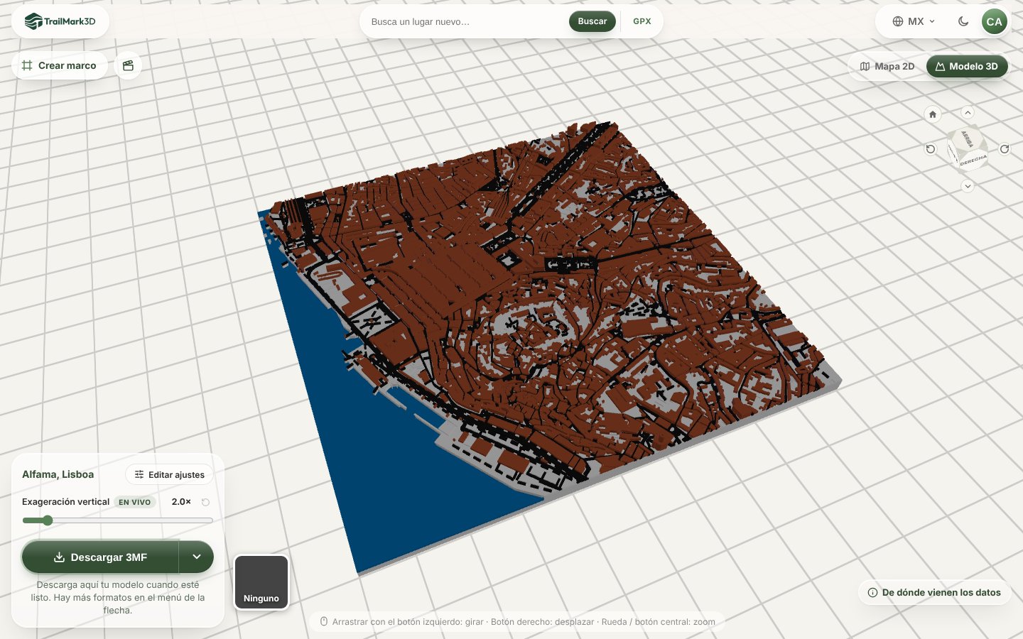 Un mapa 3D de ciudad de Alfama, en Lisboa, generado en TrailMark3D en Modo ciudad, con edificios terracota, calles negras y el río Tajo en azul