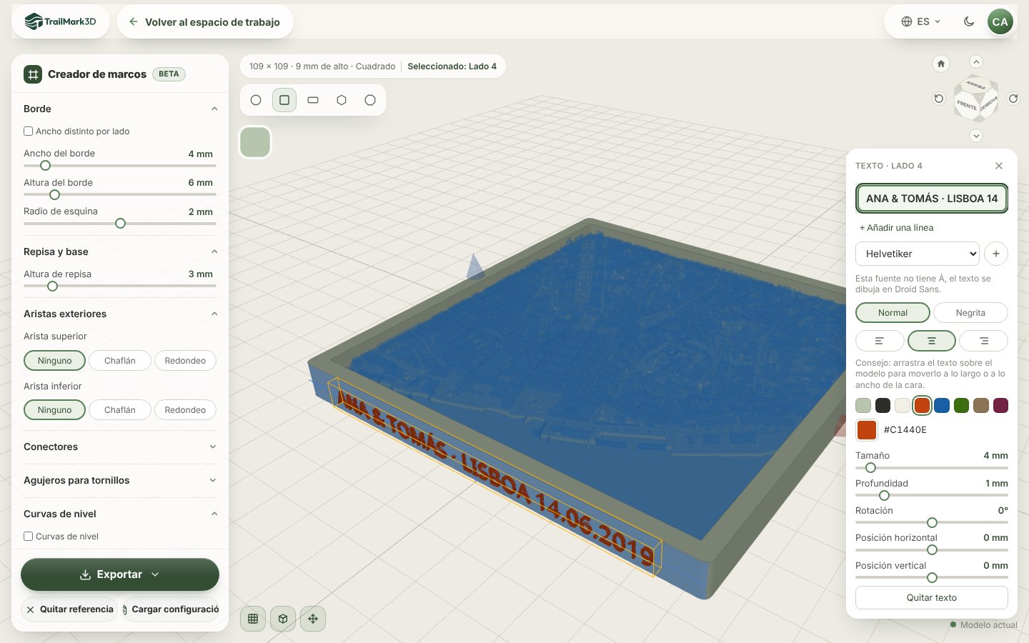 El Creador de marcos de TrailMark3D con un marco cuadrado alrededor del mapa de Lisboa y los nombres y la fecha en letras terracota en relieve en su frente