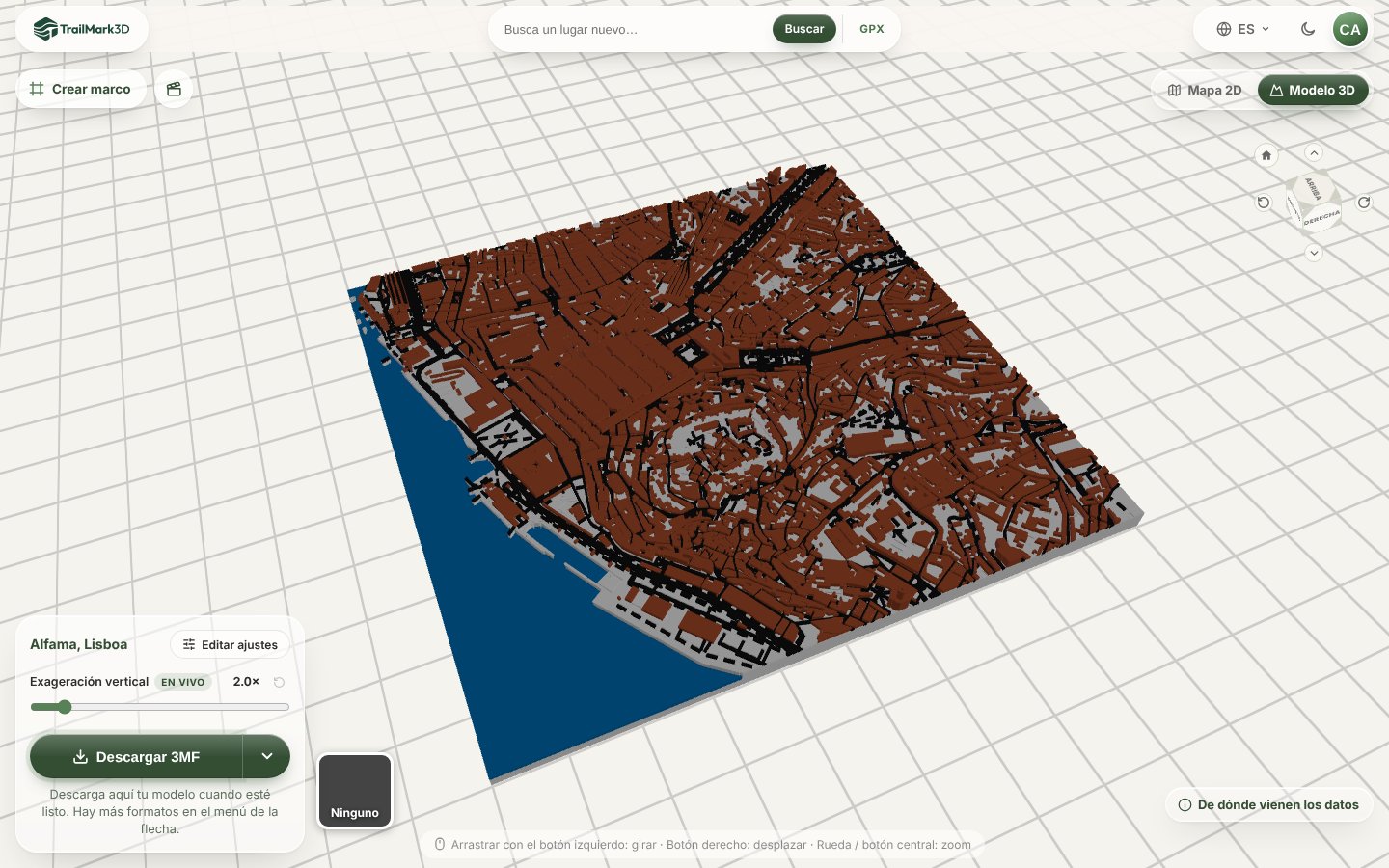 Un mapa 3D de ciudad de Alfama, en Lisboa, generado en TrailMark3D en Modo ciudad, con edificios terracota, calles negras y el río Tajo en azul